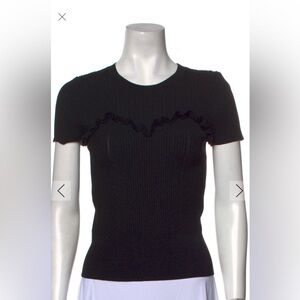 cinq a sept Black Ribbed Short-Sleeve Top with Ruffle Detail